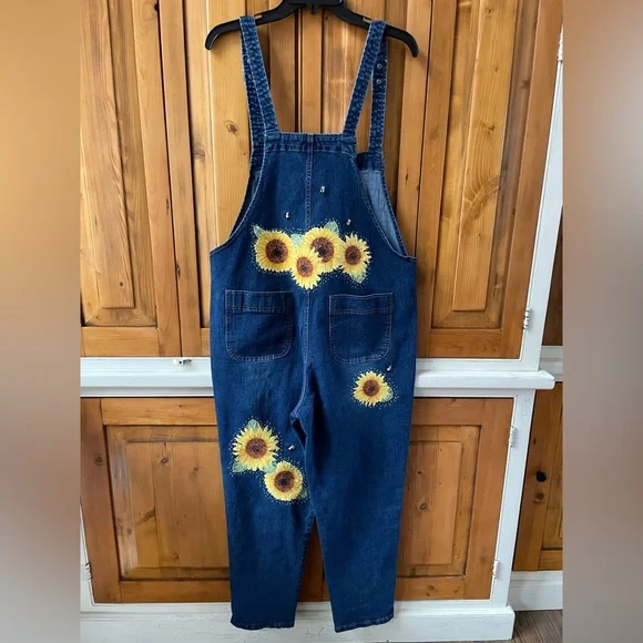 Denim Upcycled Enhanced Overalls Sz. L sunflowers Bee Embroidered - Picture 1 of 7
